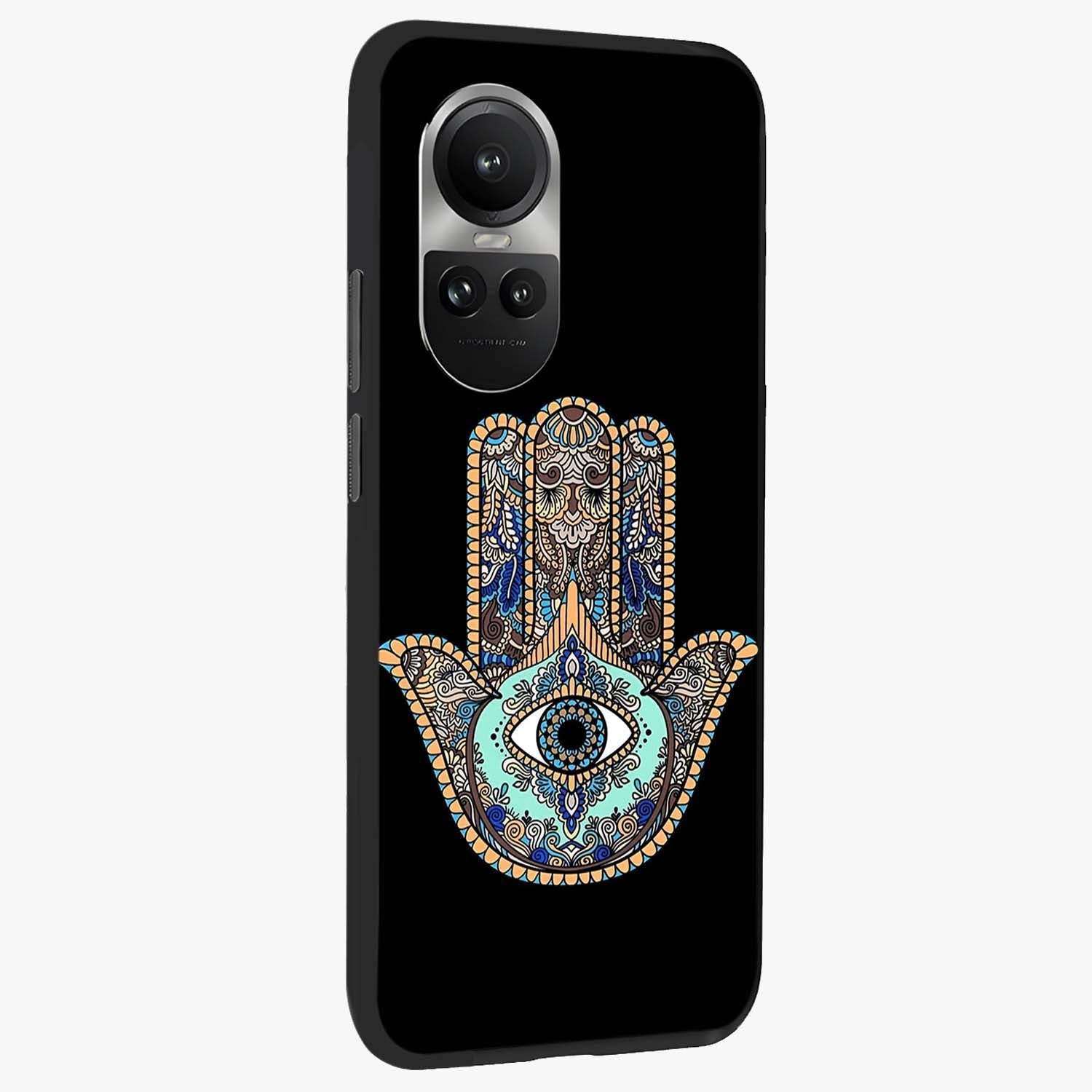 Mystic Hamsa Eye Glass Case upright view showcasing detailed hamsa eye artwork with protective spiritual theme.