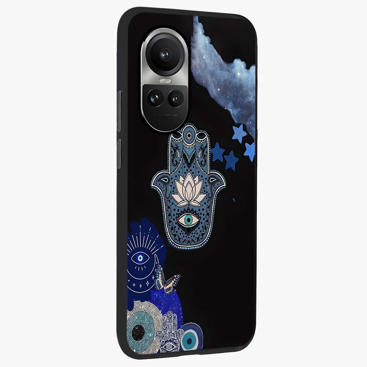 Mystic Hand Aura Glass Case upright view showcasing symbolic hand artwork with mystical energy theme.