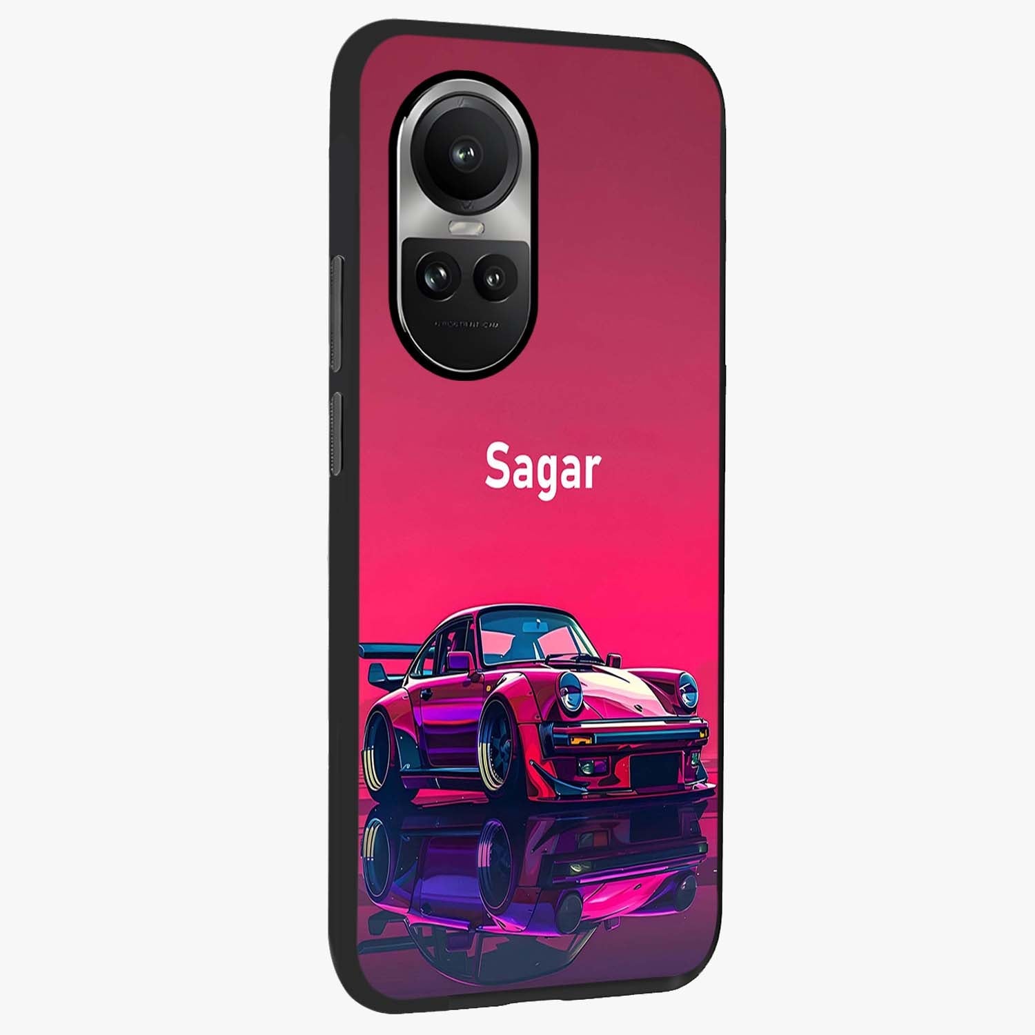 Neon Pink Porsche Glass Case upright view showcasing vibrant sports car artwork with bold automotive theme.