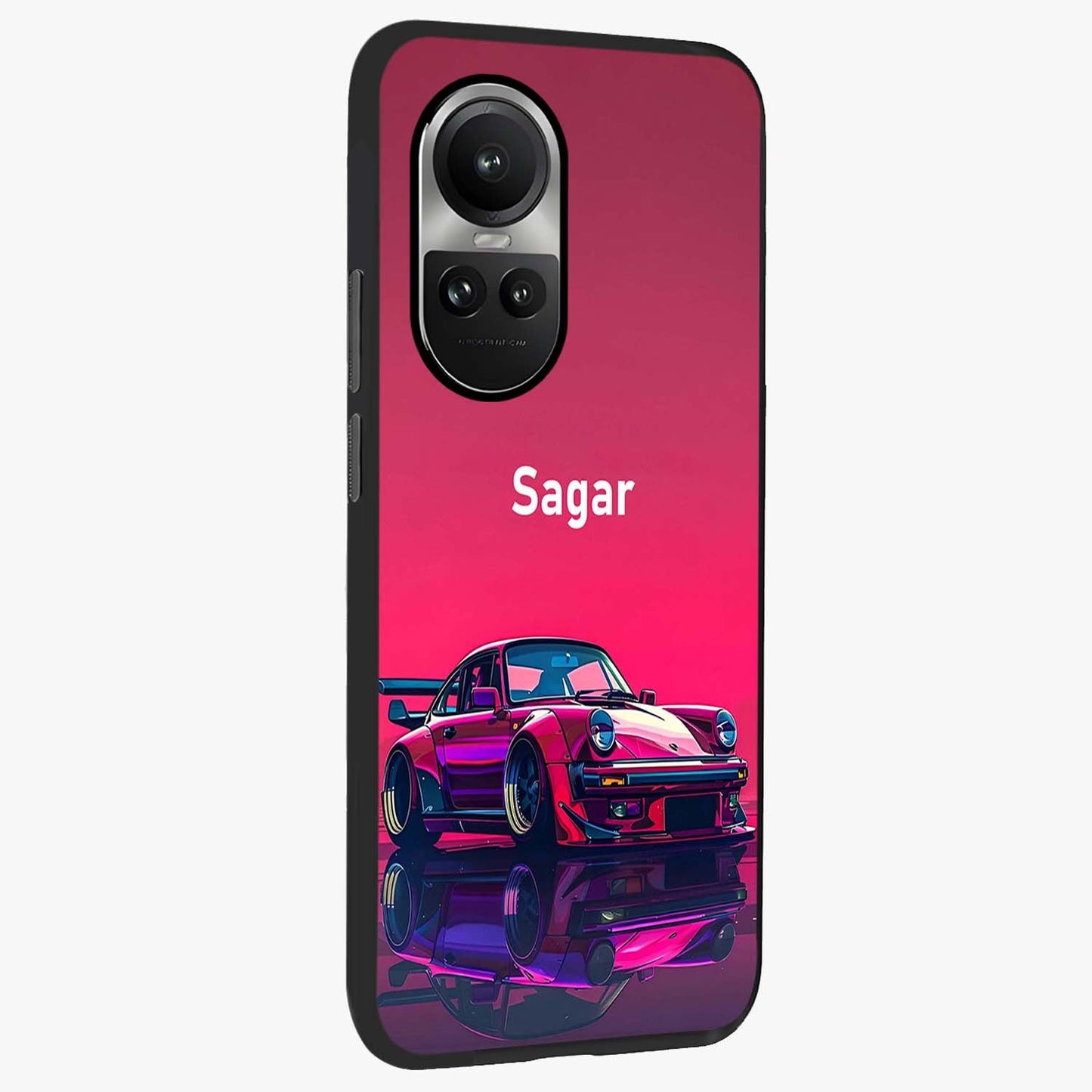 Neon Pink Porsche Glass Case upright view showcasing vibrant sports car artwork with bold automotive theme.