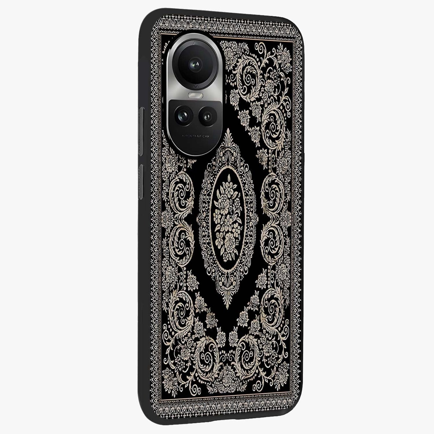 Noir Bloom Elegance Glass Case upright view showcasing graceful floral artwork with luxurious dark theme.