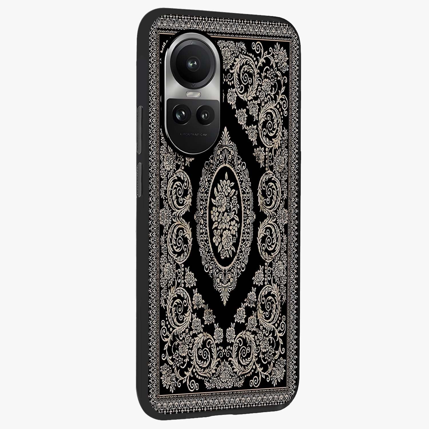 Noir Bloom Elegance Glass Case upright view showcasing graceful floral artwork with luxurious dark theme.