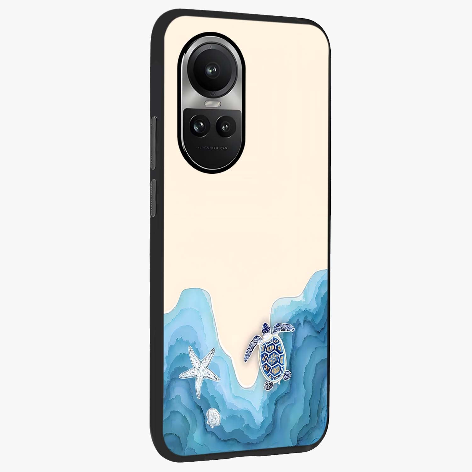 Ocean Drift Turtle Glass Case upright view showcasing calm underwater turtle artwork with nature inspired theme.