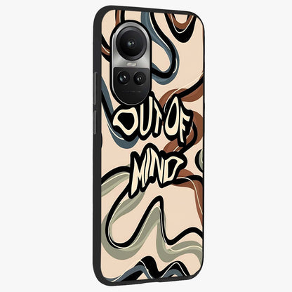 Out Of Mind Glass Case upright view showcasing striking typography artwork with edgy conceptual theme.