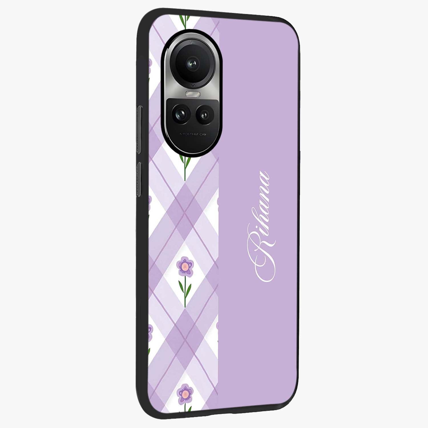 Purple Diamond Floral Glass Case upright view showcasing vibrant floral artwork with stylish geometric theme.