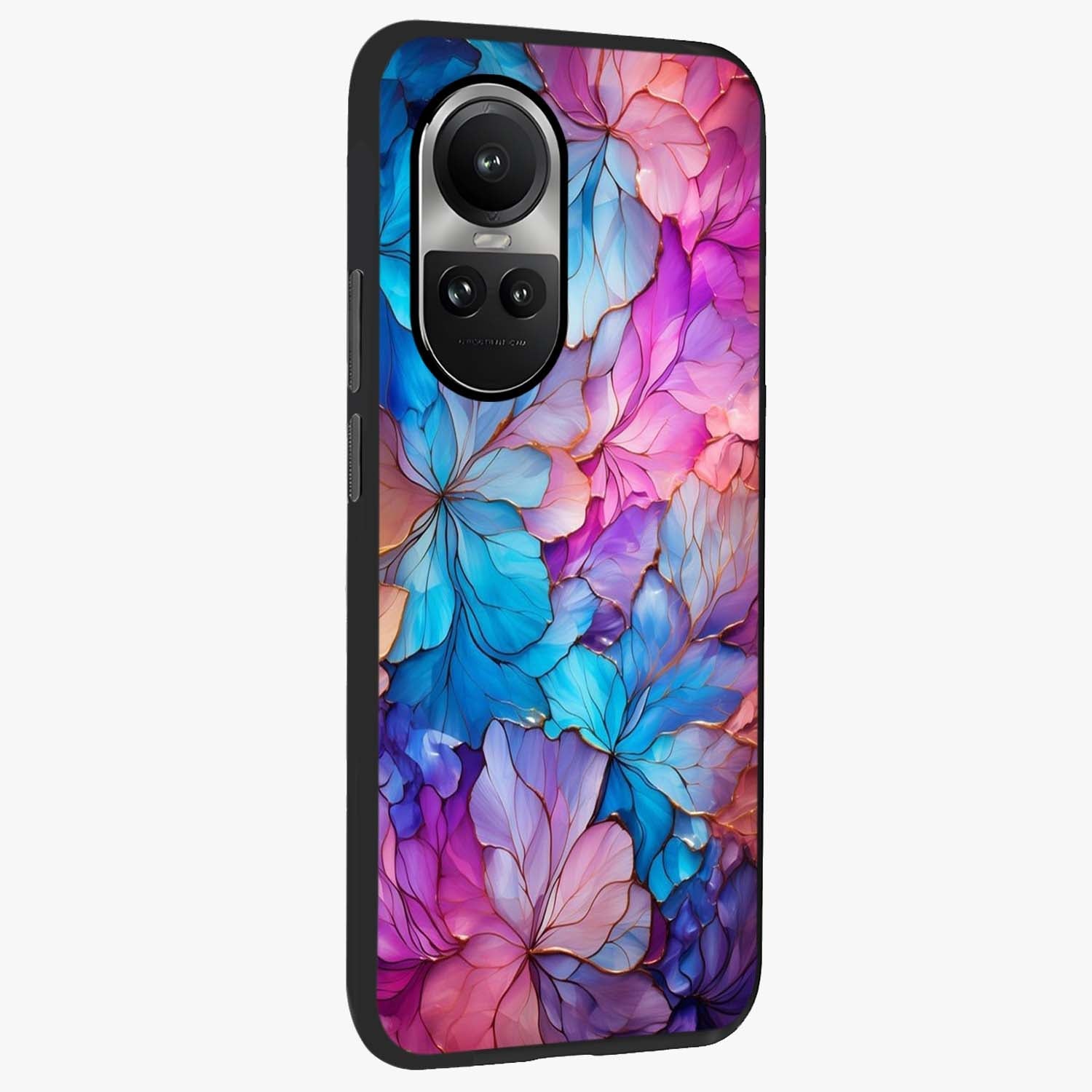 Radiant Floral Whirl Glass Case upright view showcasing lively floral artwork with decorative swirl theme.