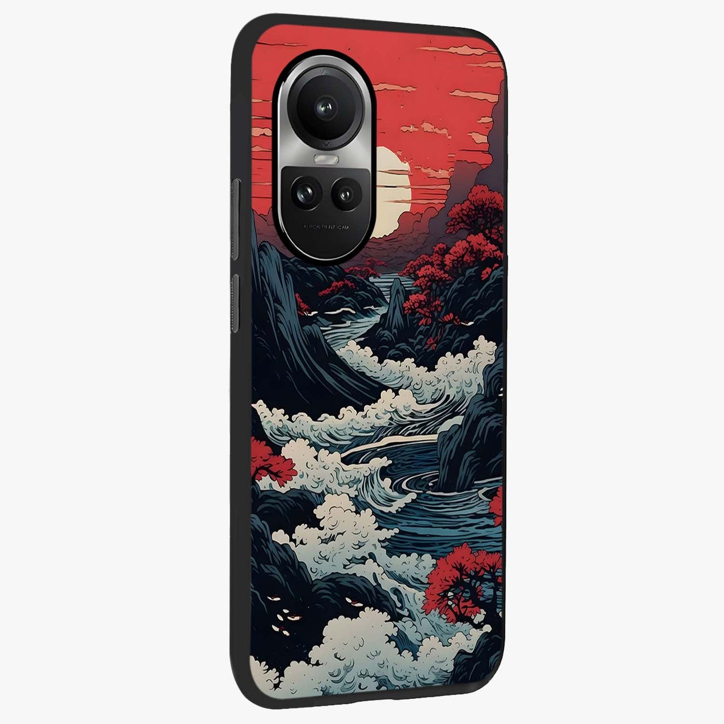 Red Sunset Scenery Glass Case upright view showcasing dramatic sunset scenery artwork with warm nature theme.