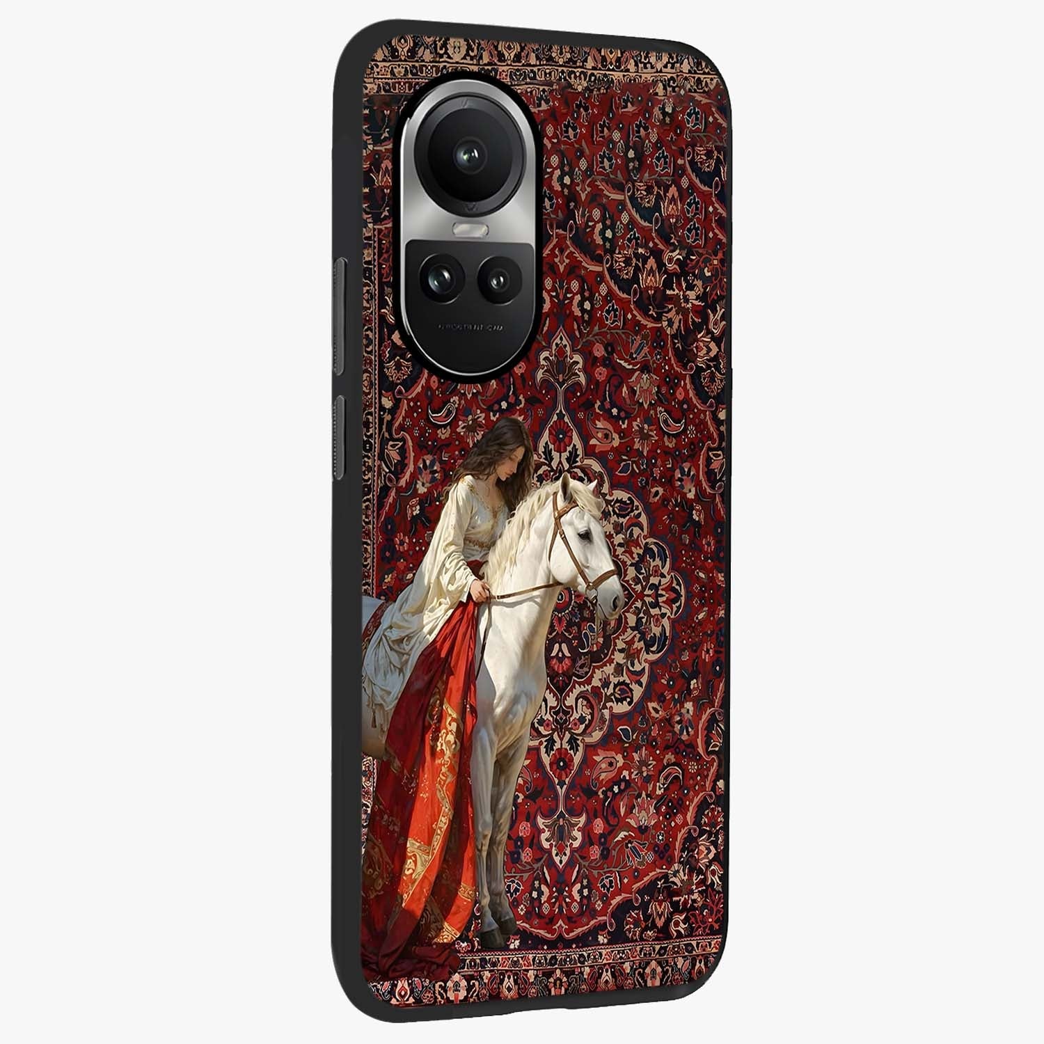 Royal Rider Tapestry Glass Case upright view showcasing detailed rider artwork with classic tapestry theme.