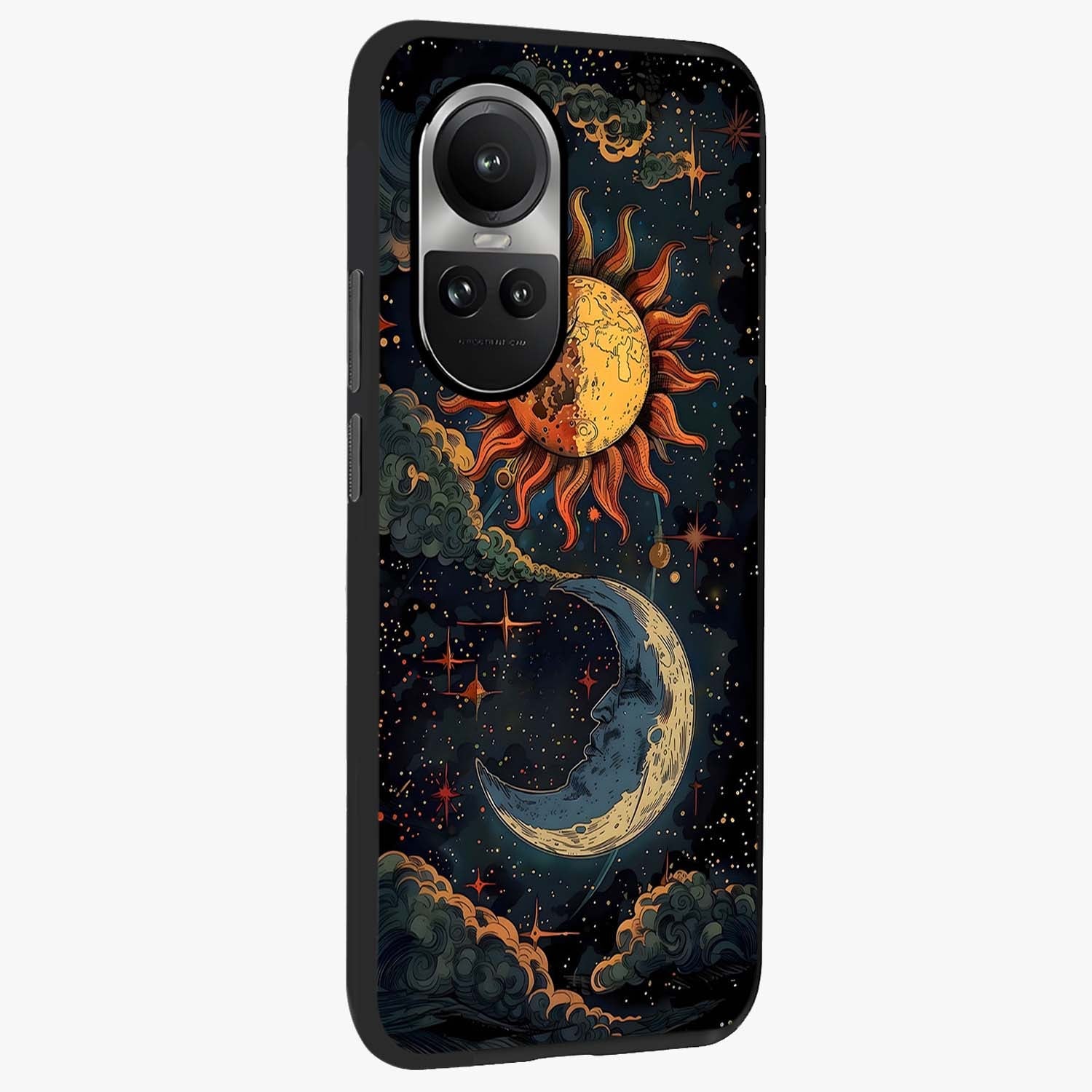 Sun And Moon Magic Design Glass Case upright view showcasing decorative sun and moon artwork with spiritual celestial theme.