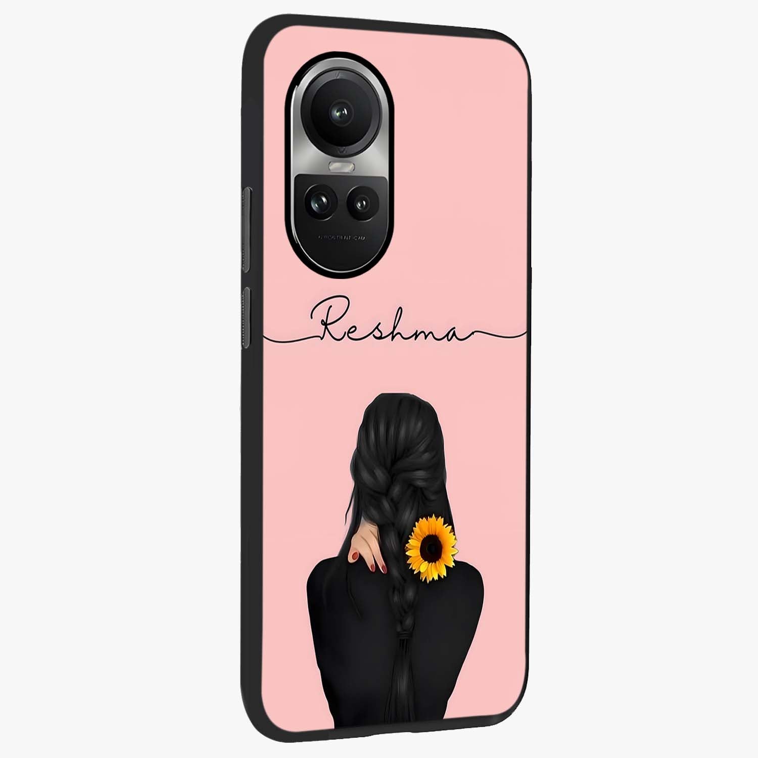 Sunflower Braid Beauty With Custom Name Glass Case upright view showcasing bright sunflower artwork with personalized floral aesthetic.