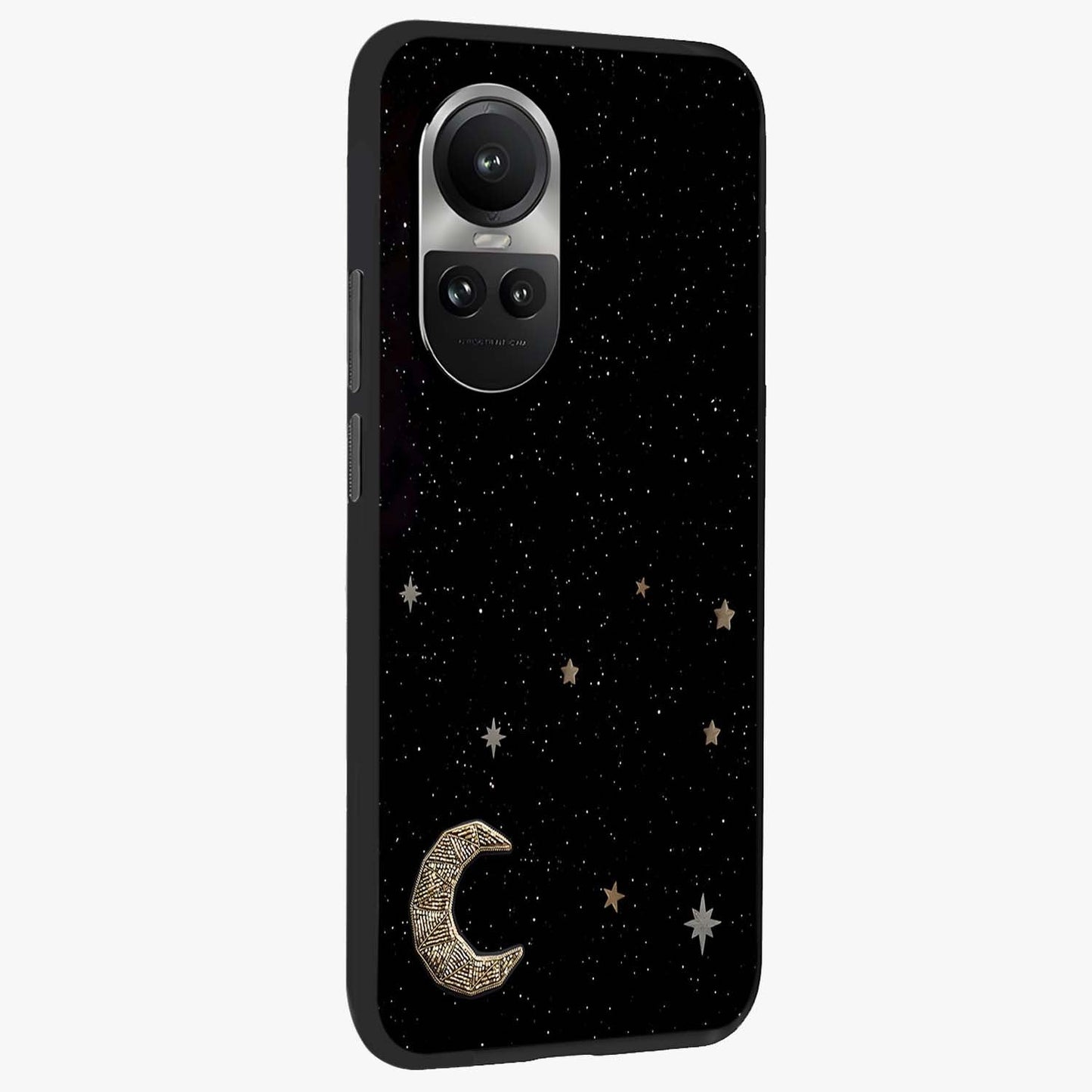 Twinkle Star With Half Moon Glass Case upright view showcasing glowing cosmic artwork with dreamy night theme.