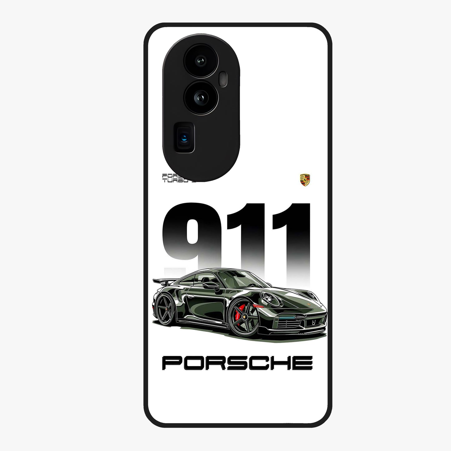 911 Turbo Dominance Glass Case showing clean flat back view with bold 911 sports car artwork and glossy glass finish.