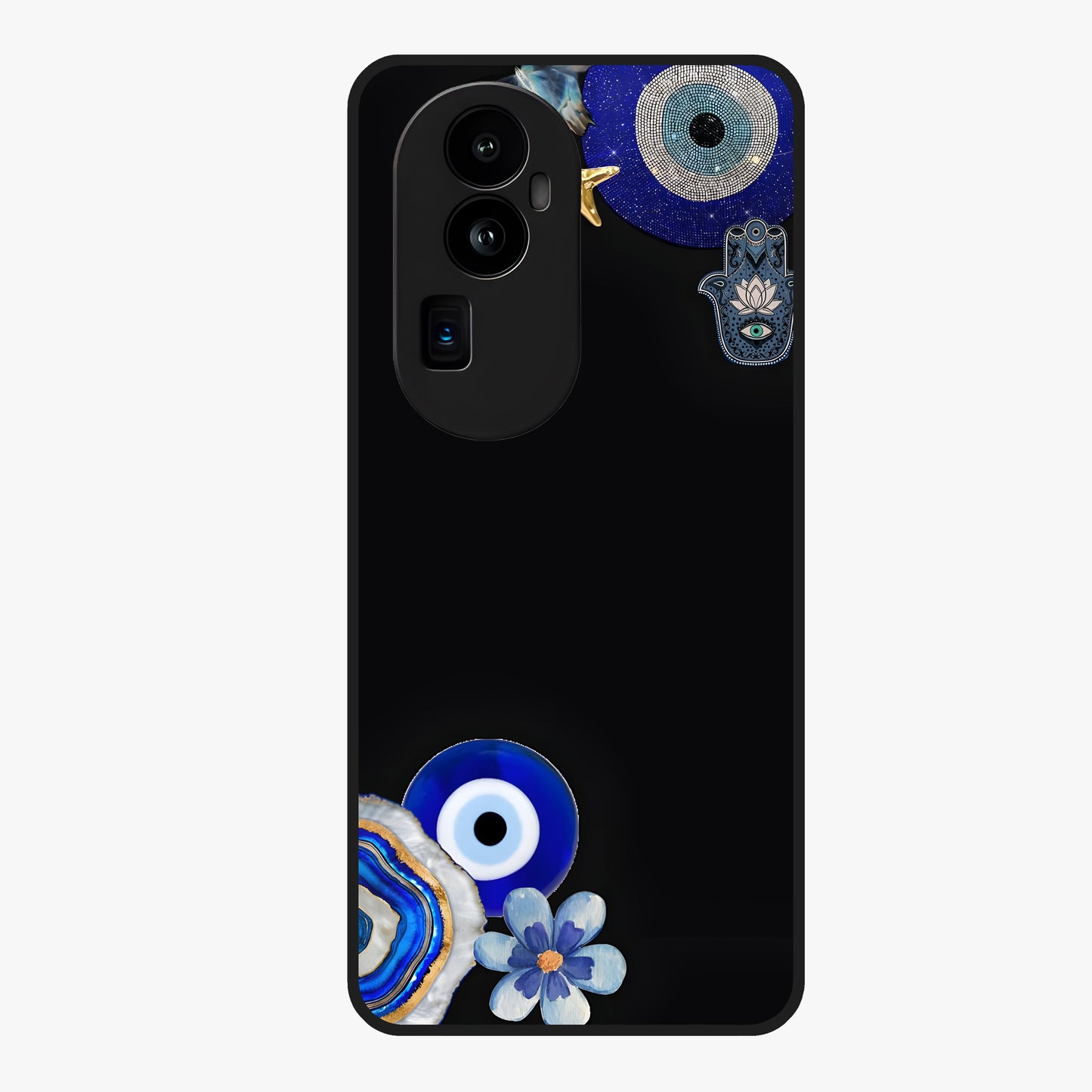 Aesthetic Blue Evil Eye Glass Case showing flat back view with protective evil eye artwork and glossy glass finish.