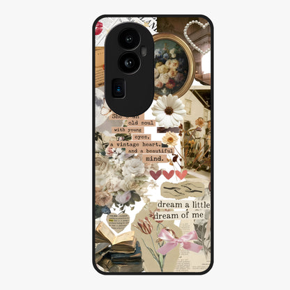 Aesthetic Brown Vintage Collage Glass Case showing flat back view with retro collage artwork and glossy glass finish.