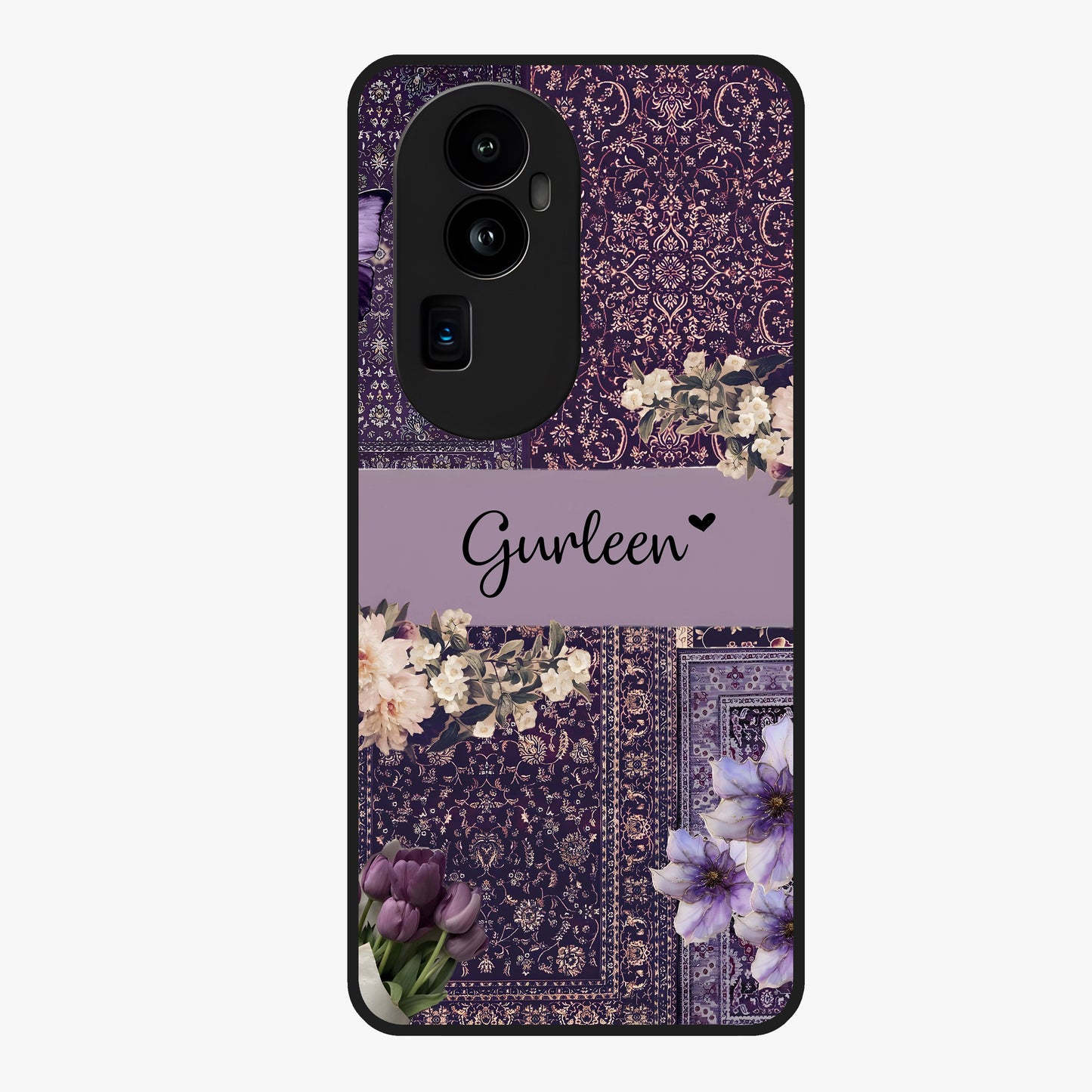Antique Floral Whisper Custom Name Glass Case showing flat back view with vintage floral artwork and personalized name design.