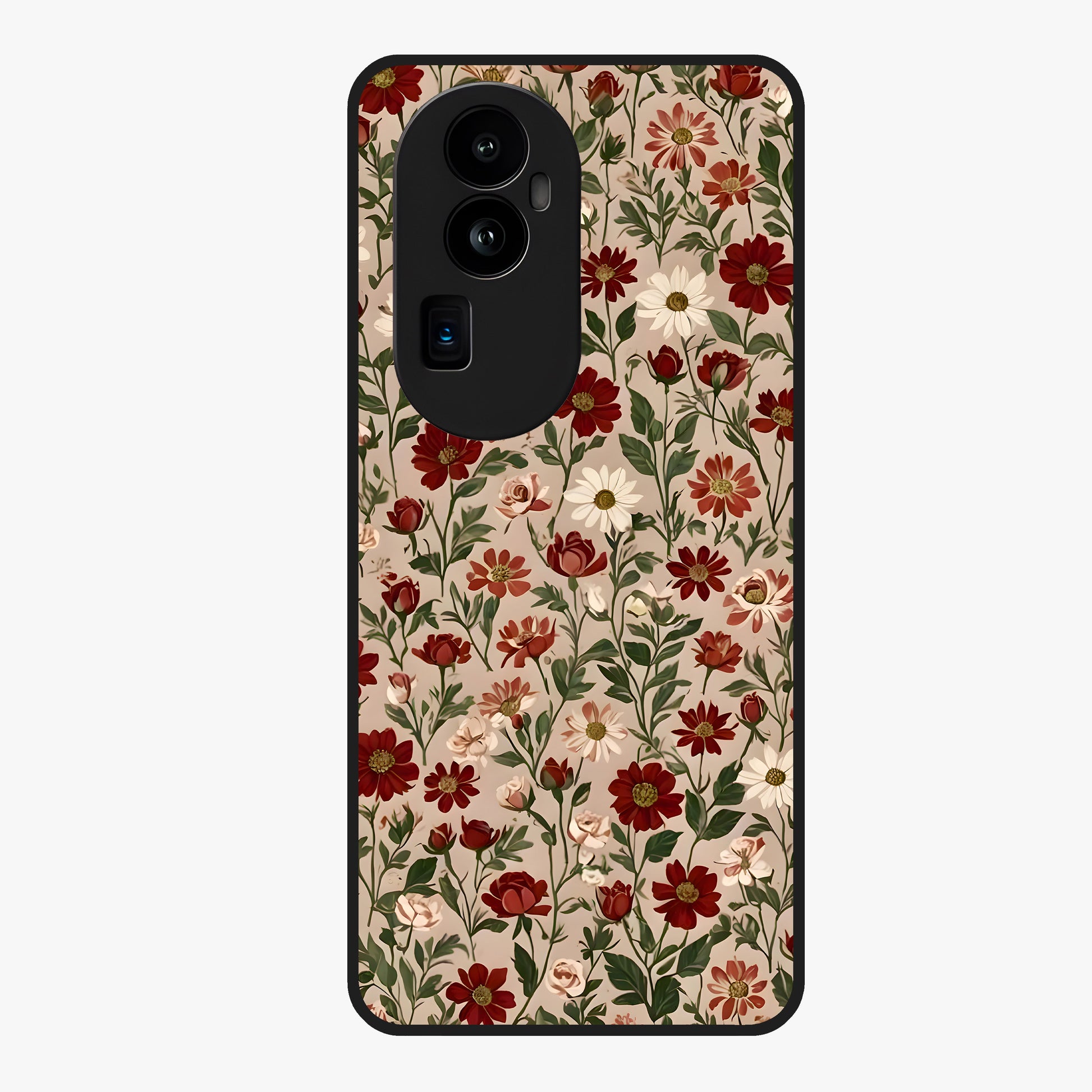 Biege Flower With Leaf Glass Case showing flat back view with soft beige floral artwork and glossy glass finish.