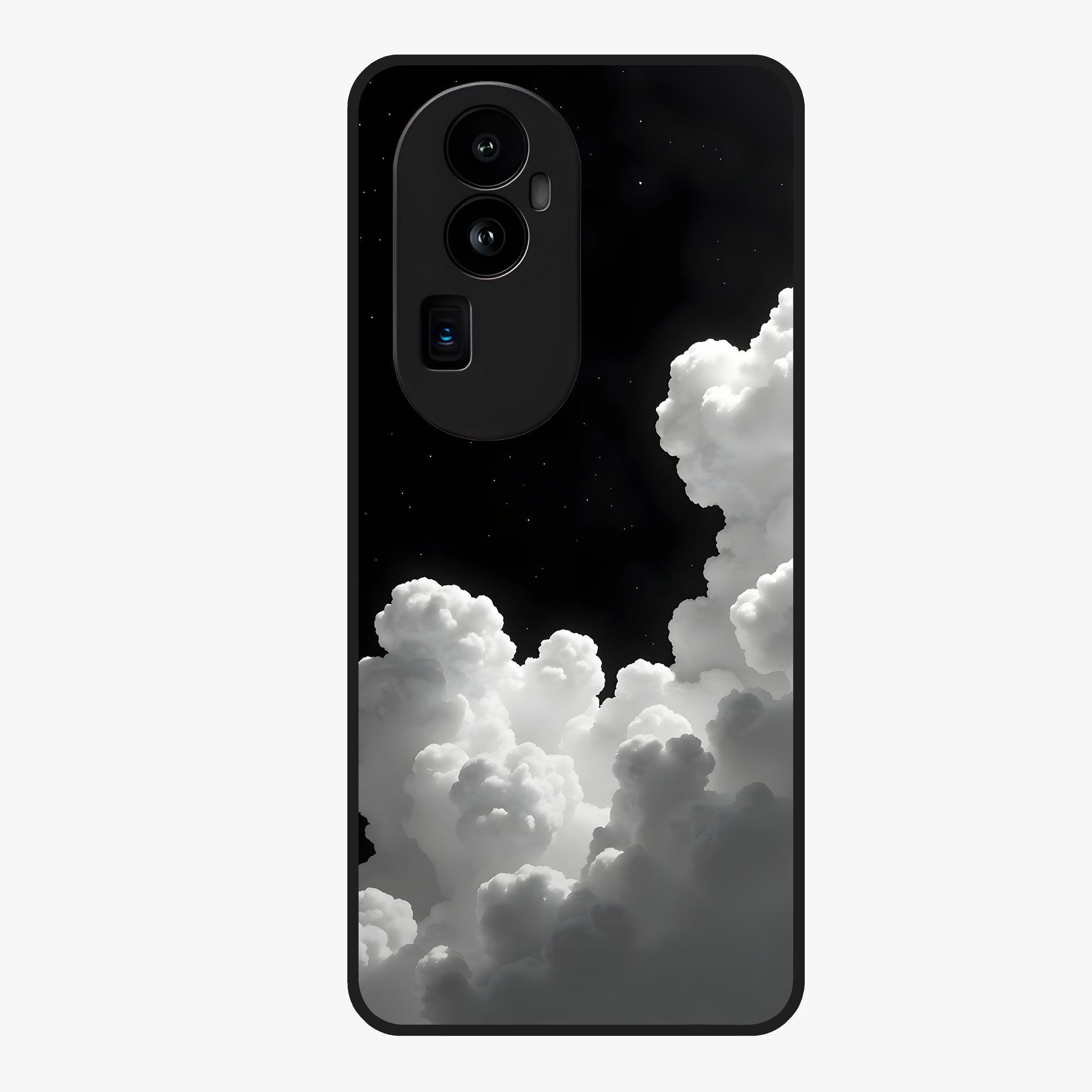 Black Background With White Cloud Glass Case showing flat back view with minimal cloud artwork on dark background and glossy glass finish.
