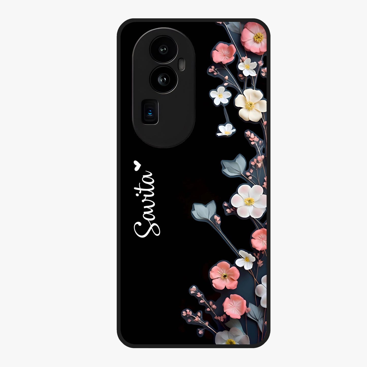Black Elegance Floral Custom Name Glass Case showing flat back view with elegant floral artwork and personalized name design.