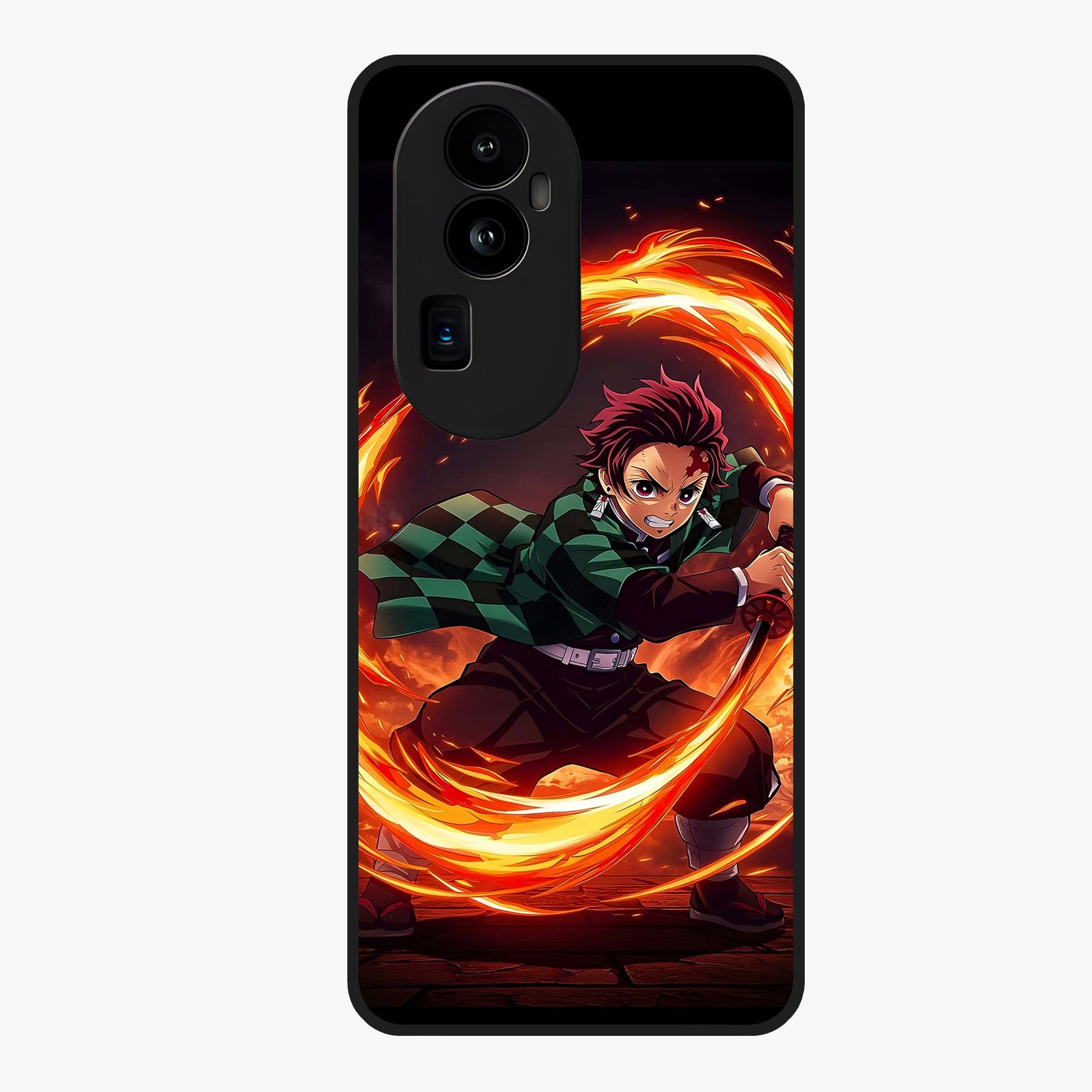 Blazing Sword Resolve Glass Case showing flat back view with fiery sword artwork and glossy glass finish.