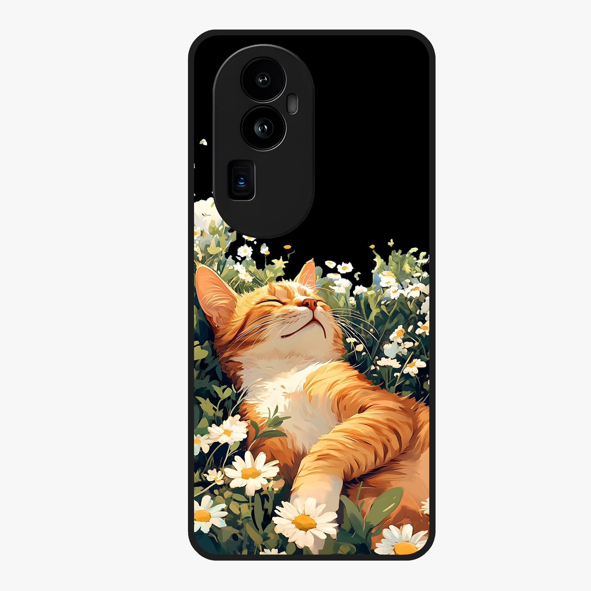 Blissful Bloom Cat Glass Case showing flat back view with cute cat and floral bloom artwork and glossy glass finish.