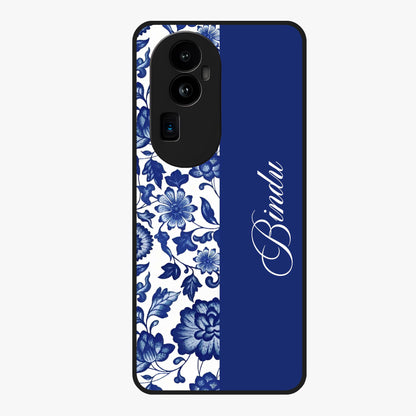 Blue Vintage Floral Pattern Glass Case upright view showcasing timeless floral illustration with vintage inspired style.