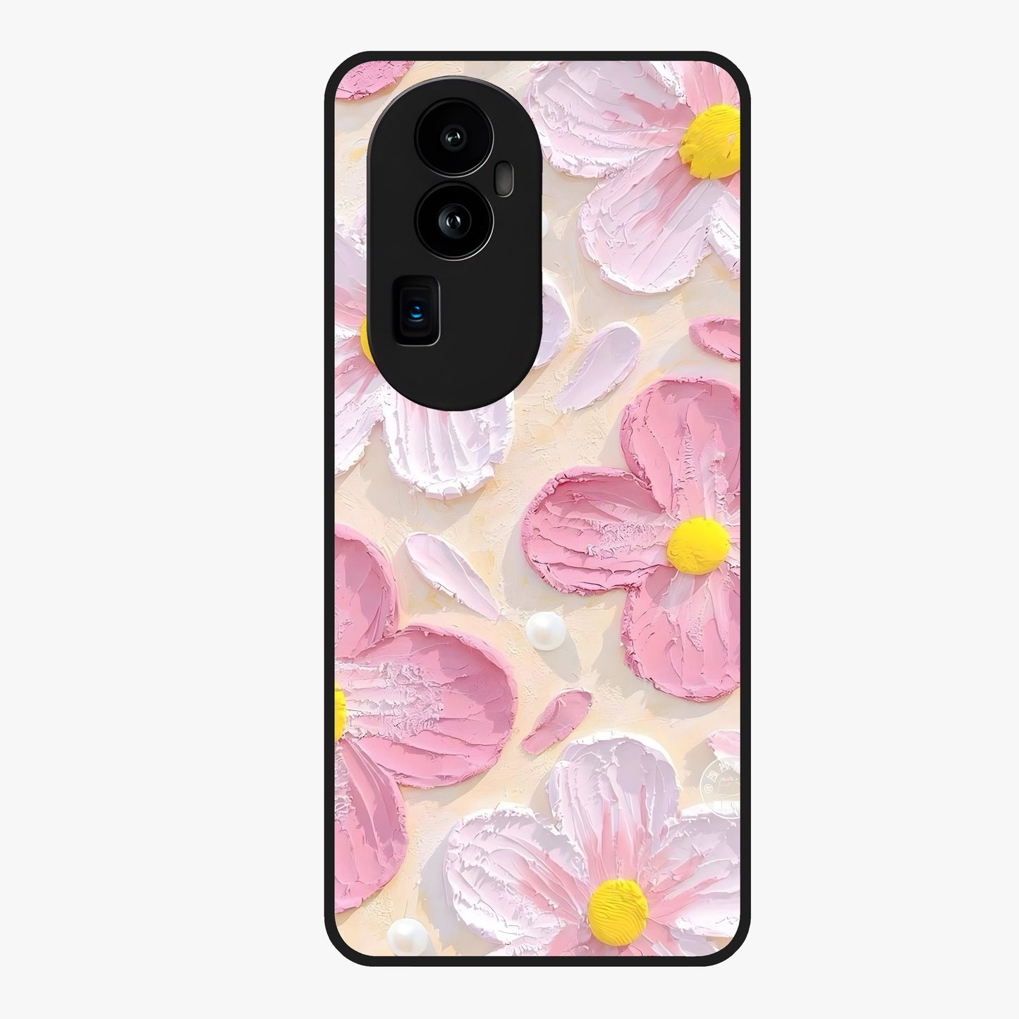 Blush Bloom Texture Glass Case showing flat back view with soft blush floral texture artwork and glossy glass finish.
