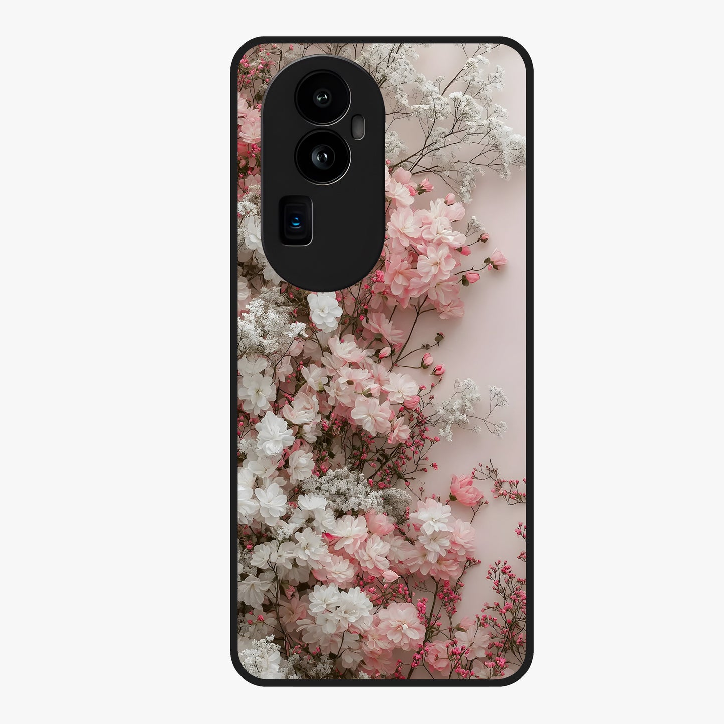Blush Blossom Cloud Glass Case showing flat back view with dreamy blush cloud blossom artwork and glossy glass finish.