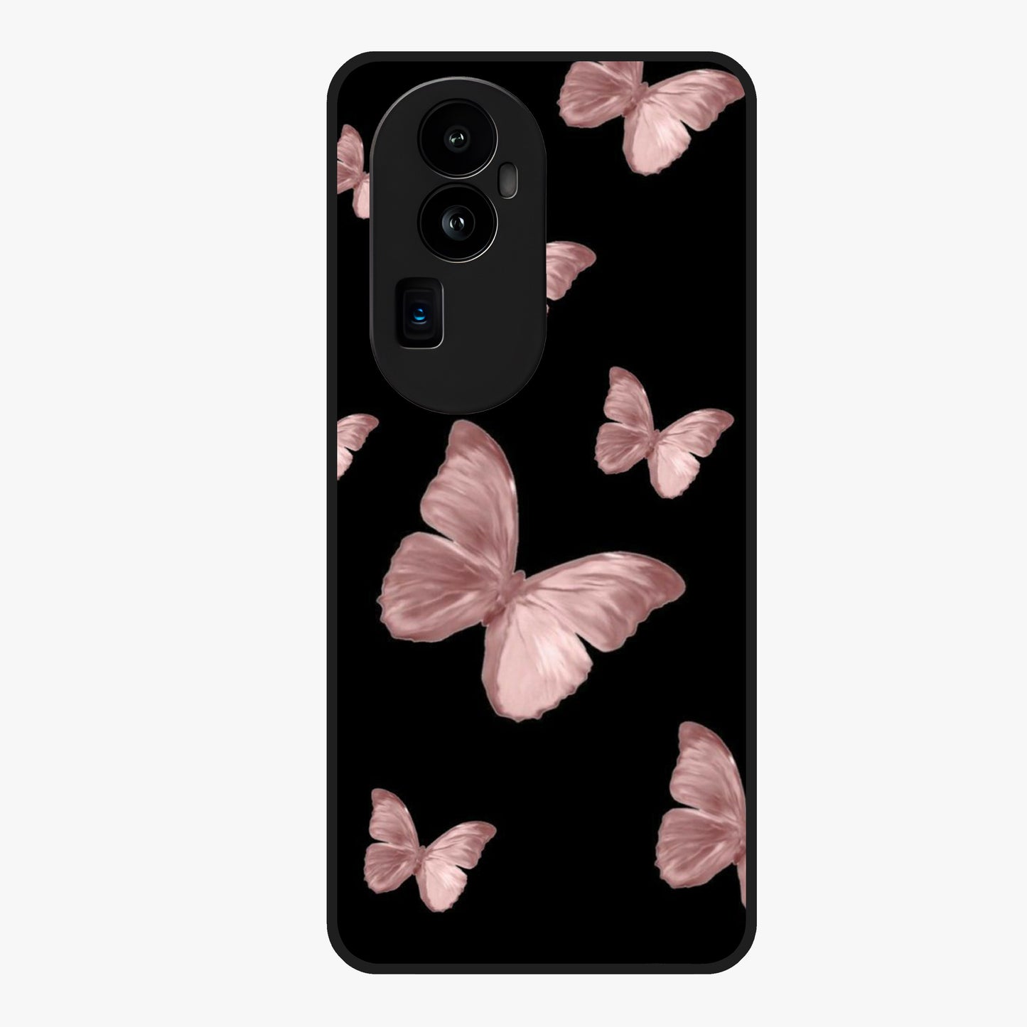 Butterfly Pattern Glass Case showing flat back view with elegant butterfly pattern artwork and glossy glass finish.