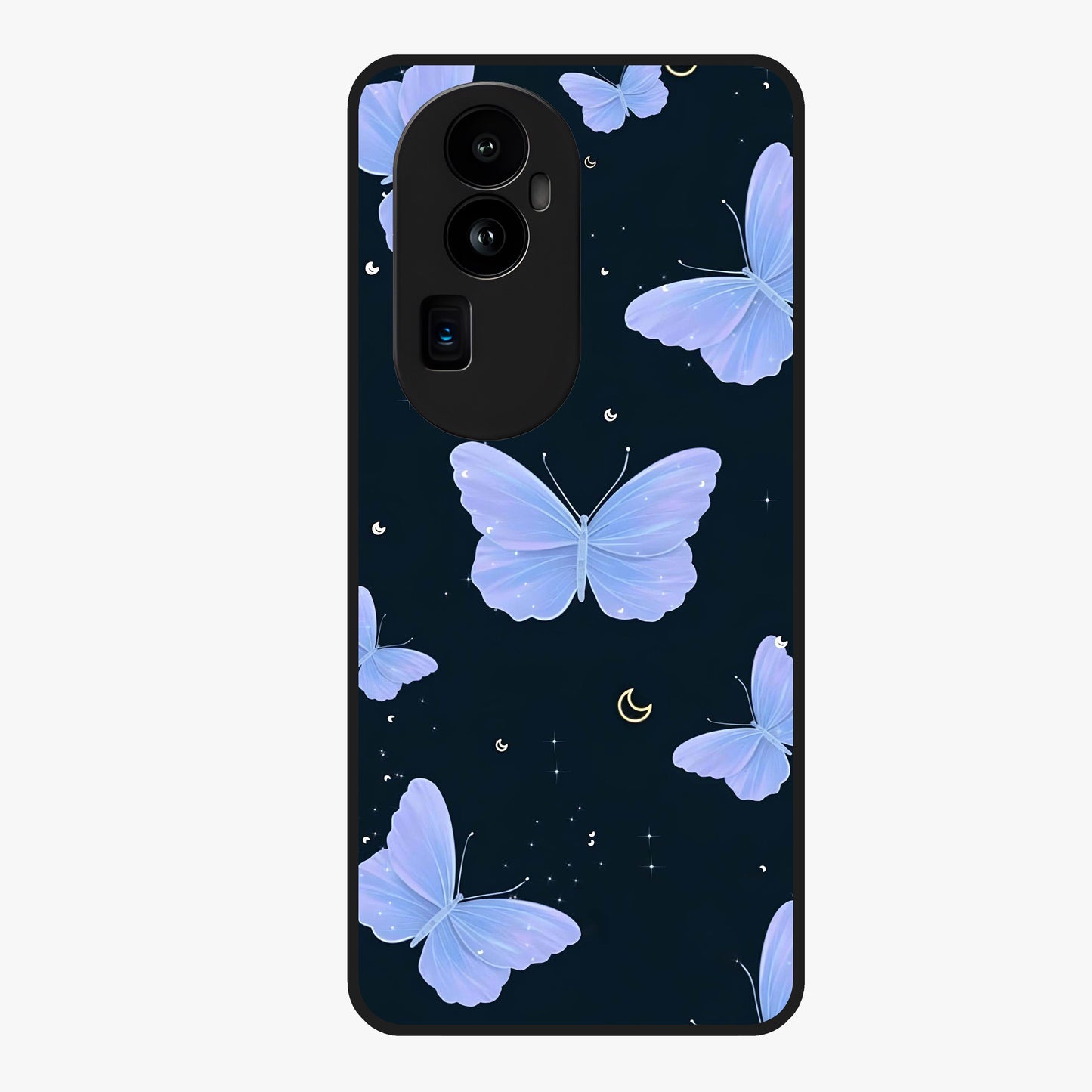 Butterfly With Stars Pattern Glass Case showing flat back view with butterfly and star pattern artwork and glossy glass finish.