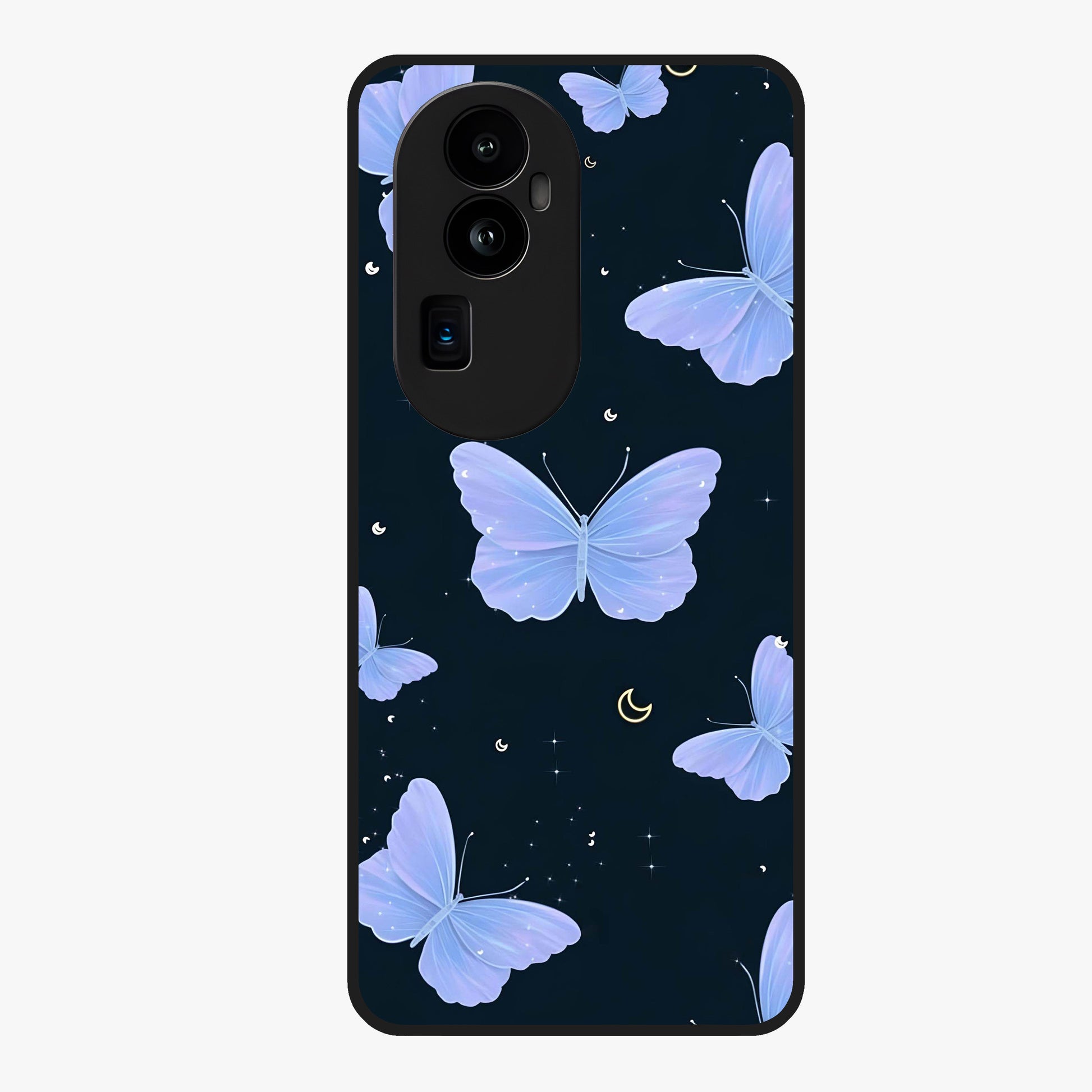 Butterfly With Stars Pattern Glass Case showing flat back view with butterfly and star pattern artwork and glossy glass finish.