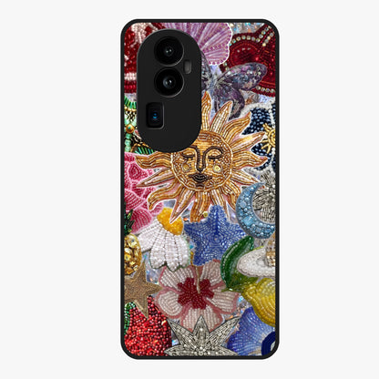 Celestial Floral and Playful Glass Case showing flat back view with floral and celestial themed artwork and glossy glass finish.