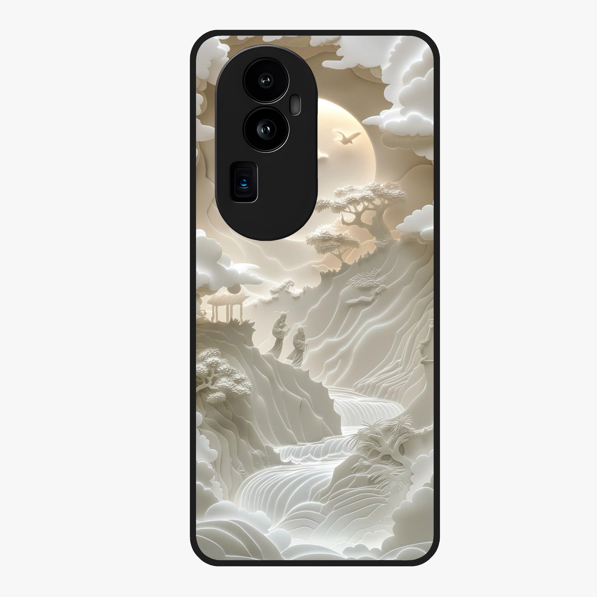 Celestial Origami Glass Case showing flat back view with artistic origami inspired celestial artwork and glossy glass finish.