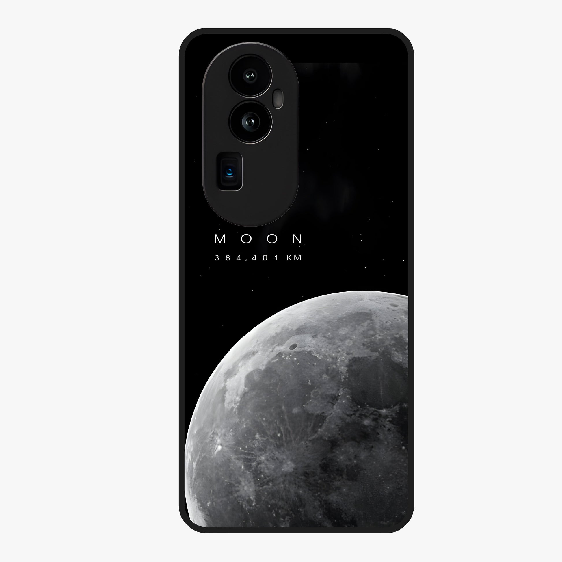 Cosmic Moon Glow Glass Case showing flat back view with glowing moon artwork and glossy glass finish.