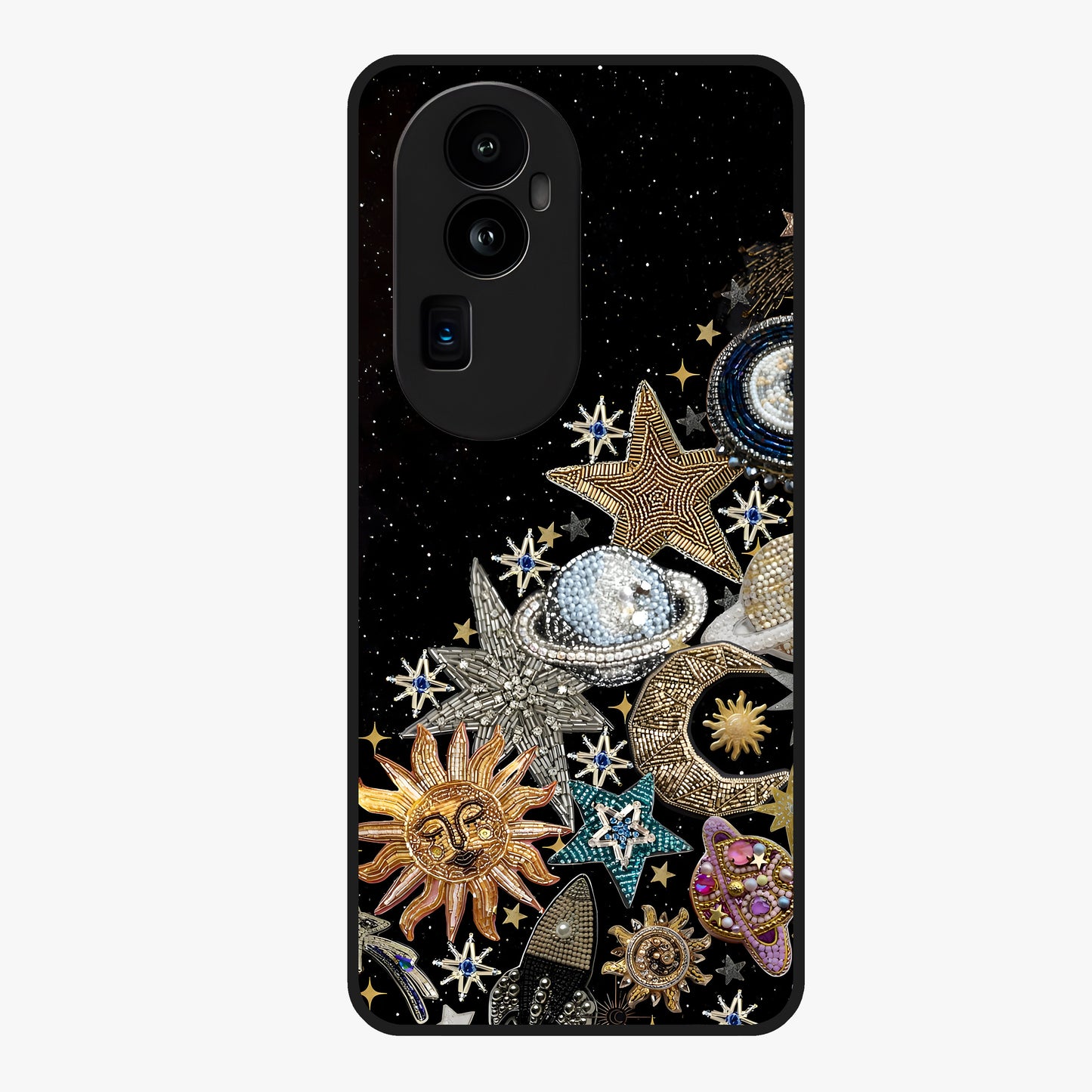Cosmic Sparkle Dreams Glass Case showing flat back view with sparkling cosmic artwork and glossy glass finish.