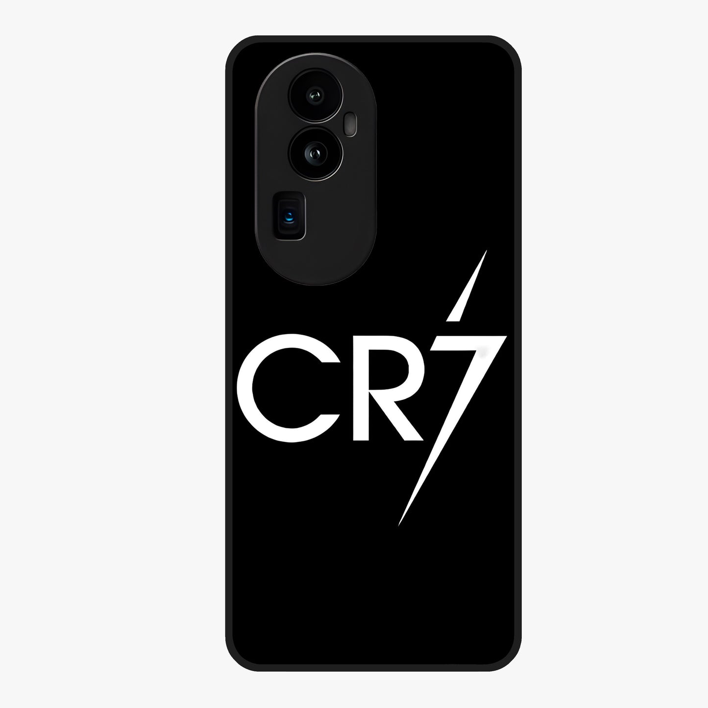 Cr7 Elite Strike Glass Case showing flat back view with dynamic football inspired artwork and glossy glass finish.