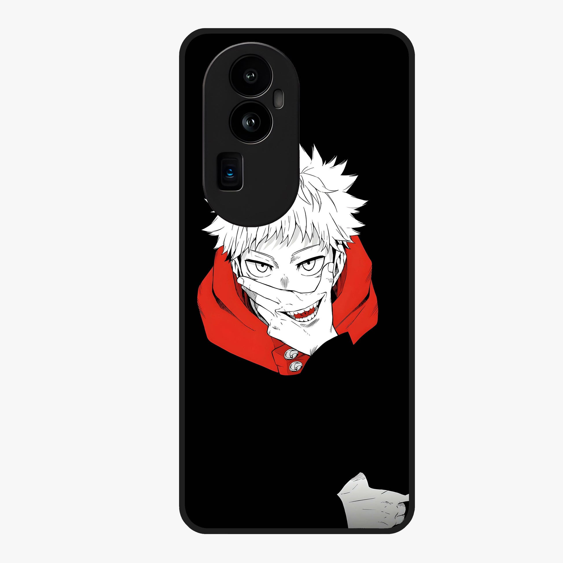 Crimson Chaos Smile Glass Case showing flat back view with bold chaotic smile artwork and glossy glass finish.