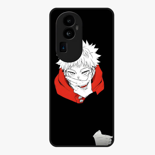 Crimson Chaos Smile Glass Case showing flat back view with bold chaotic smile artwork and glossy glass finish.
