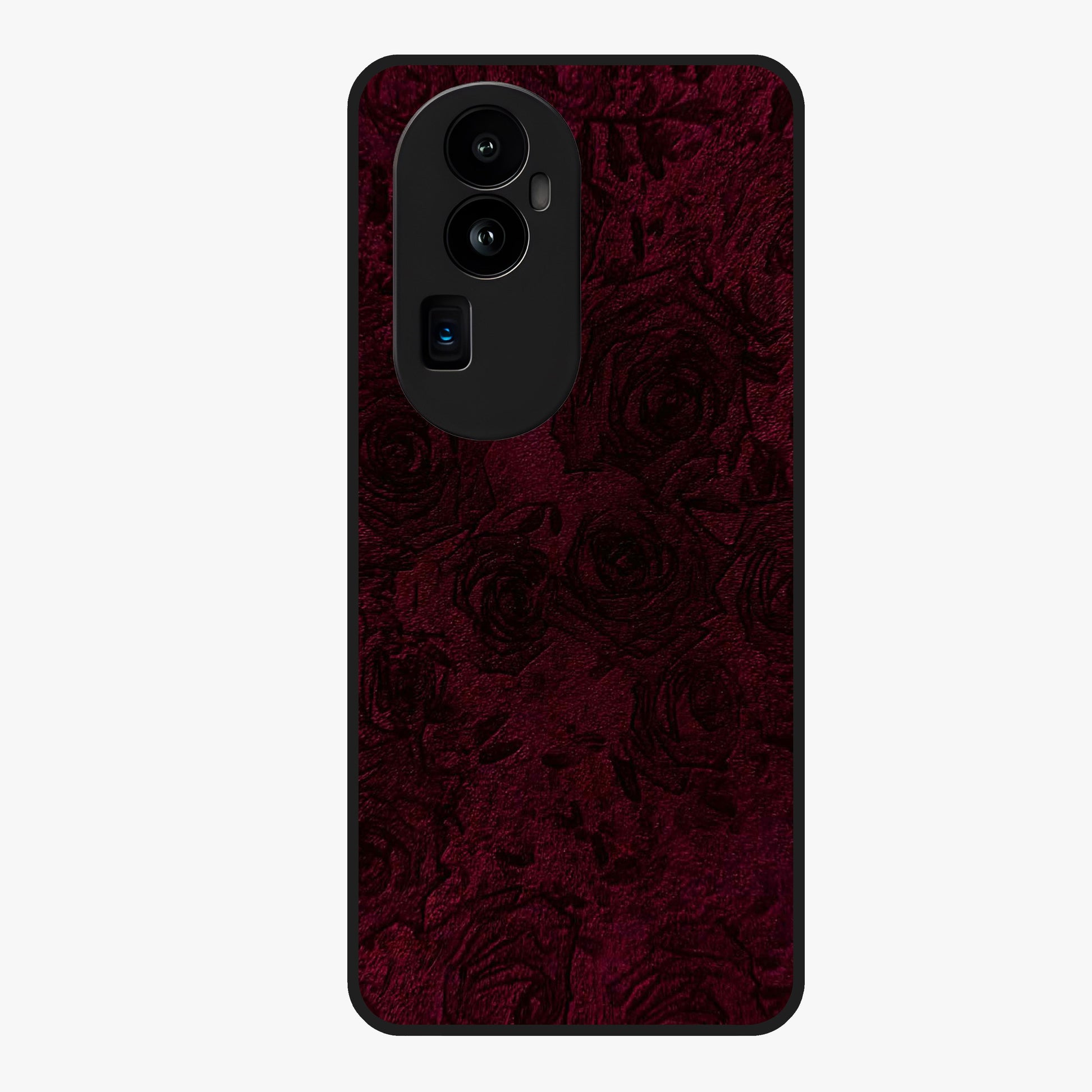Crimson Fade Flow Glass Case showing flat back view with flowing crimson gradient artwork and glossy glass finish.