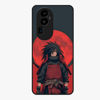 Crimson Moon Warlord Glass Case showing flat back view with mystical moon warrior artwork and glossy glass finish.