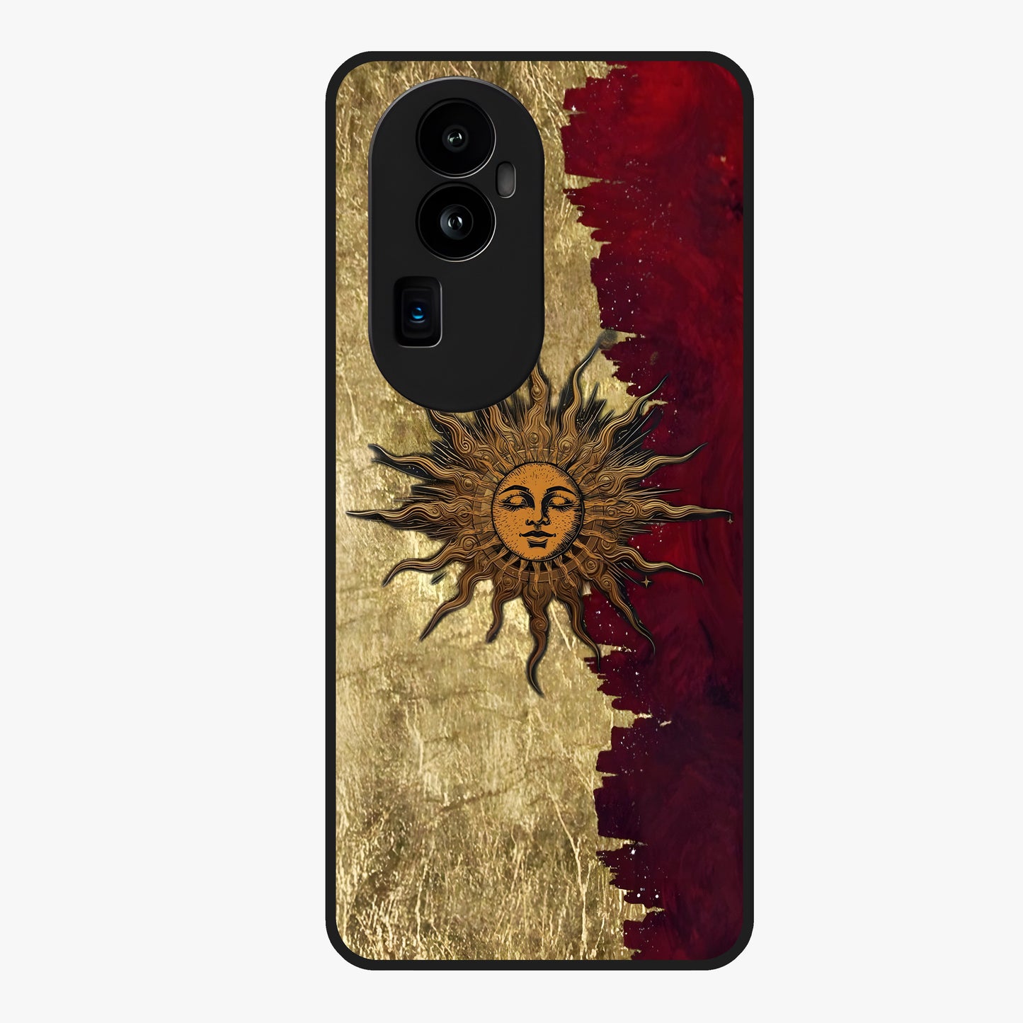 Crimson Sun Majesty Glass Case showing flat back view with radiant sun inspired artwork and glossy glass finish.