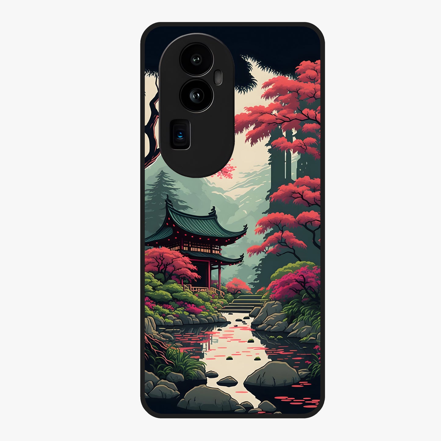 Crimson Temple View Glass Case showing flat back view with temple inspired artwork and glossy glass finish.