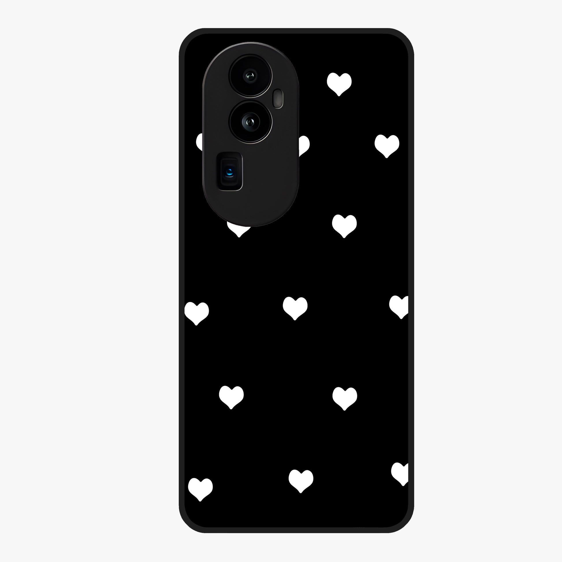 Cute And Simple White Hearts Glass Case showing flat back view with minimal white heart pattern and glossy glass finish.