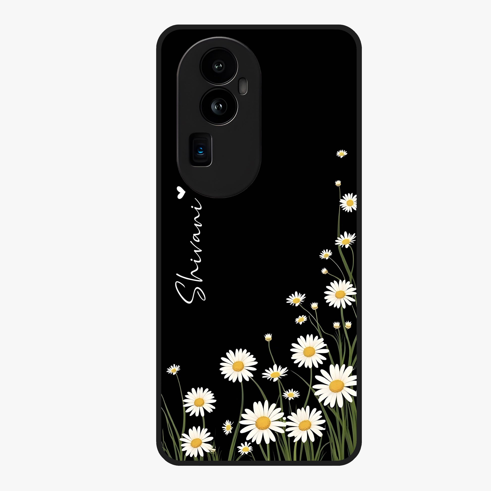 Daisy Cascade Custom Name Glass Case showing flat back view with cascading daisy flowers and personalized name design.