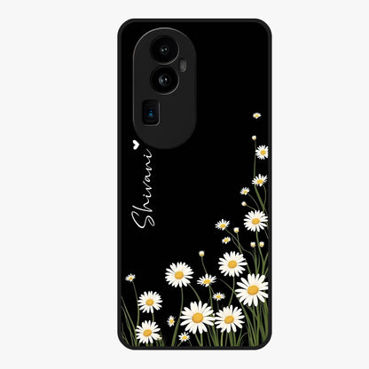 Daisy Cascade Custom Name Glass Case showing flat back view with cascading daisy flowers and personalized name design.