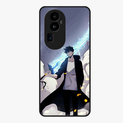 Dark Lightning Anime Warrior Glass Case showing flat back view with intense anime warrior artwork and glossy glass finish.
