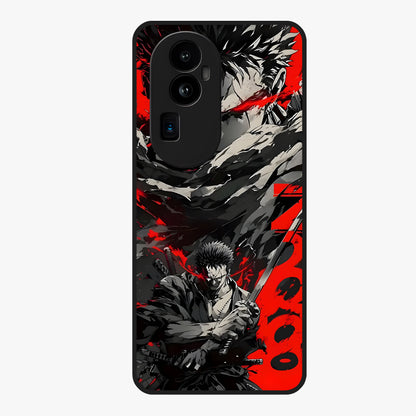 Demon Sword Resolve Glass Case showing flat back view with fierce sword warrior artwork and glossy glass finish.