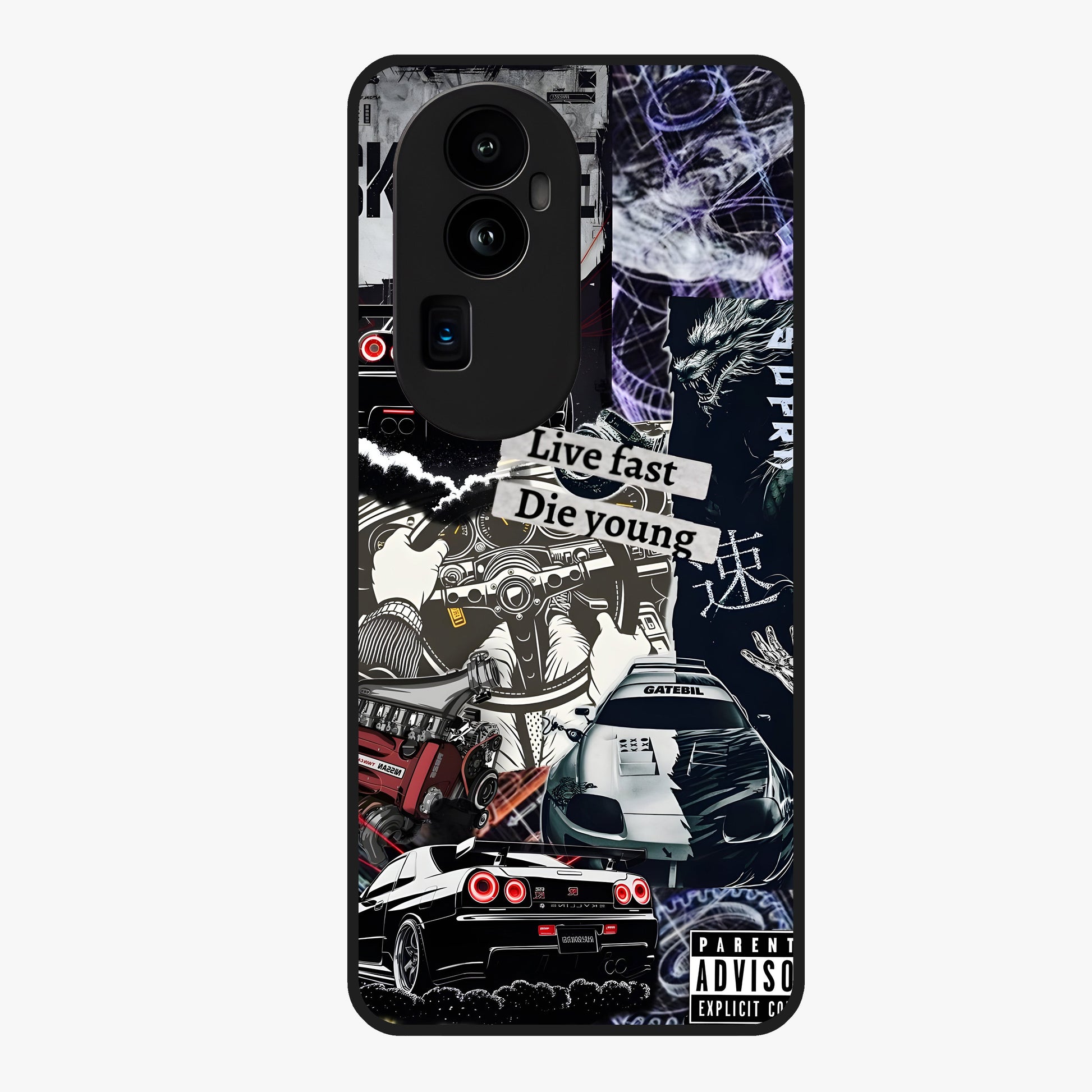 Die Young Glass Case showing flat back view with bold artistic typography design and glossy glass finish.