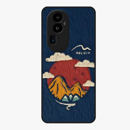 Dream Beyond Mountains Glass Case showing flat back view with scenic mountain landscape artwork and glossy glass finish.