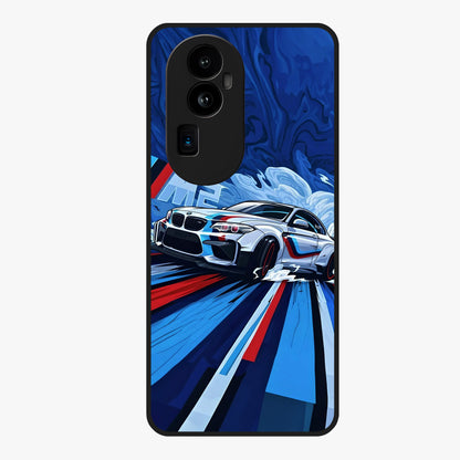Drift Power Rush Glass Case showing flat back view with dynamic racing inspired artwork and glossy glass finish.