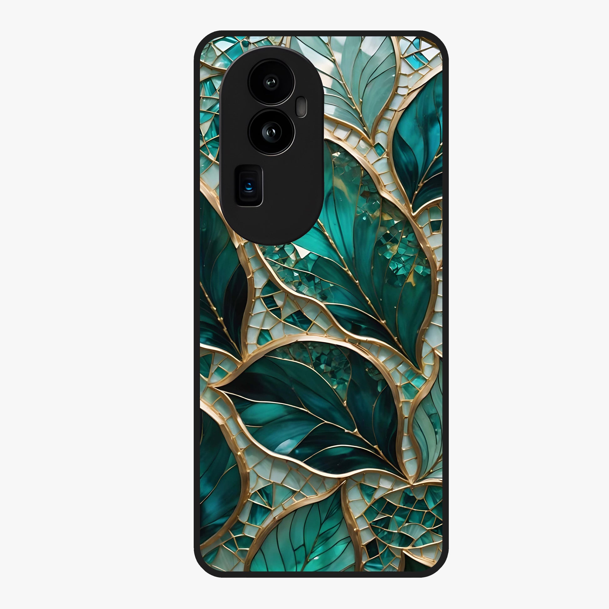 Emerald Leaf Glass Glass Case showing flat back view with emerald green leaf artwork and glossy glass finish.